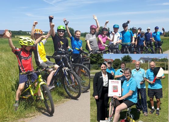 Collage von 2 Fotos zum TSV Sportabzeichen: einmal jubelnde Radfahrer und einmal die Urkundenübergabe der Kreissparkasse an das TSV SpAz-Team